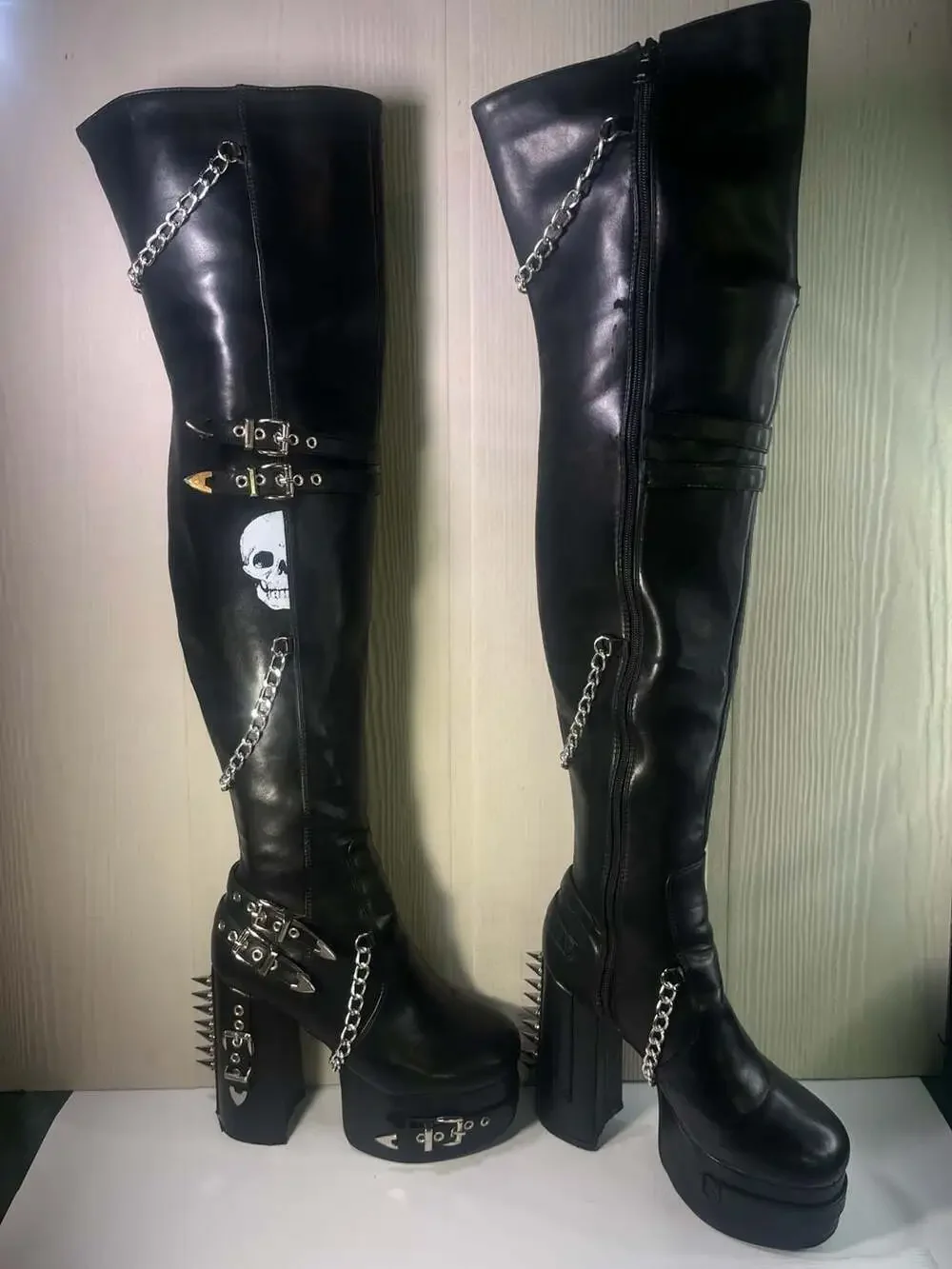 Lamoda Scream Platform Thigh High Boots with Chains and Studs